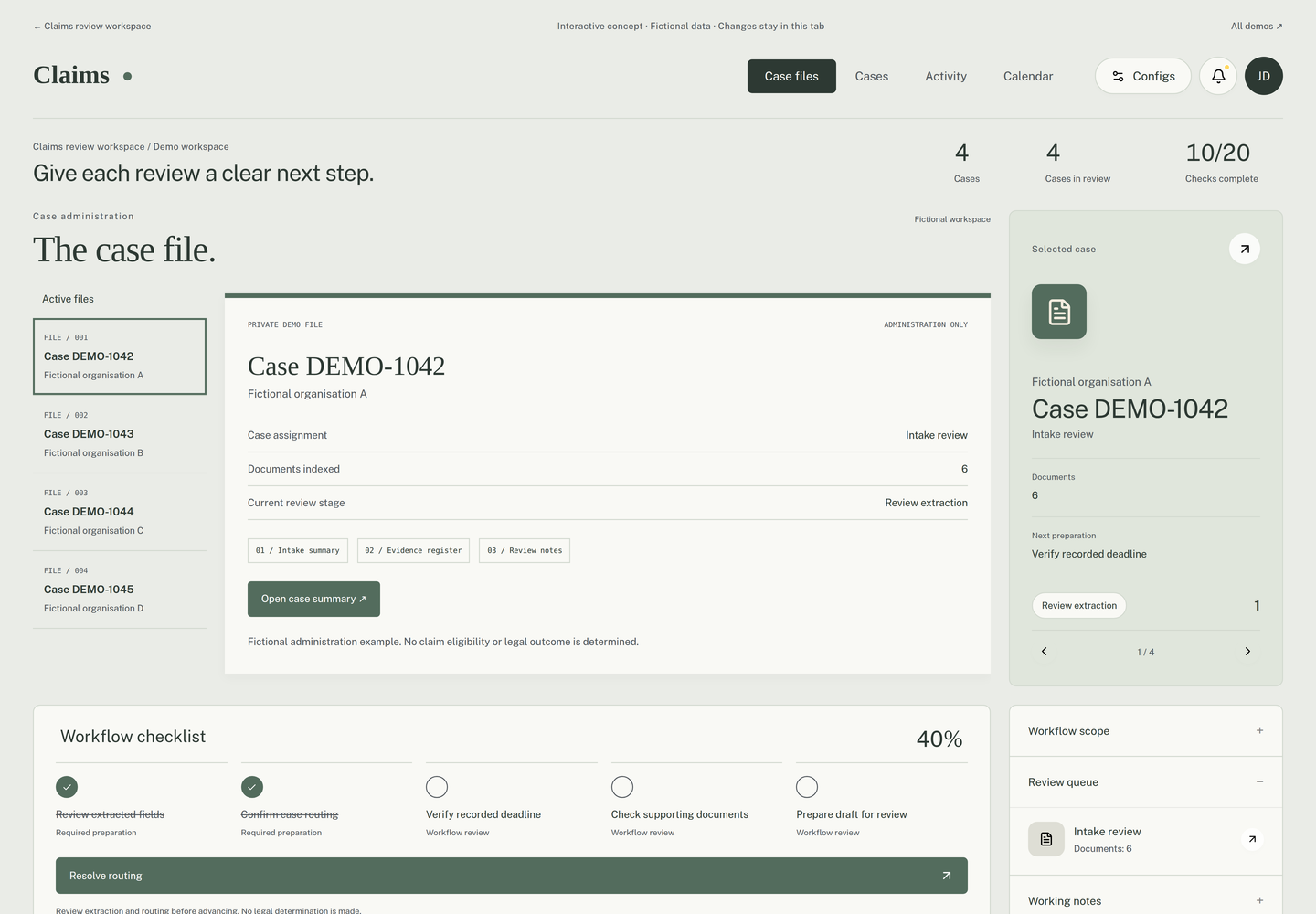Claims review workspace interactive concept with fictional example data