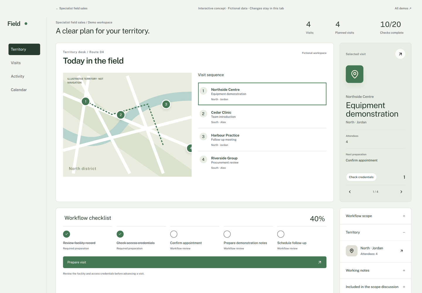 Specialist field sales interactive concept with fictional example data