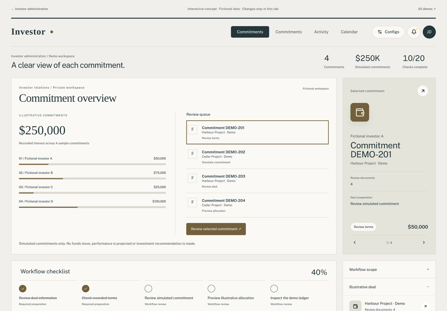 Investor administration interactive concept with fictional example data