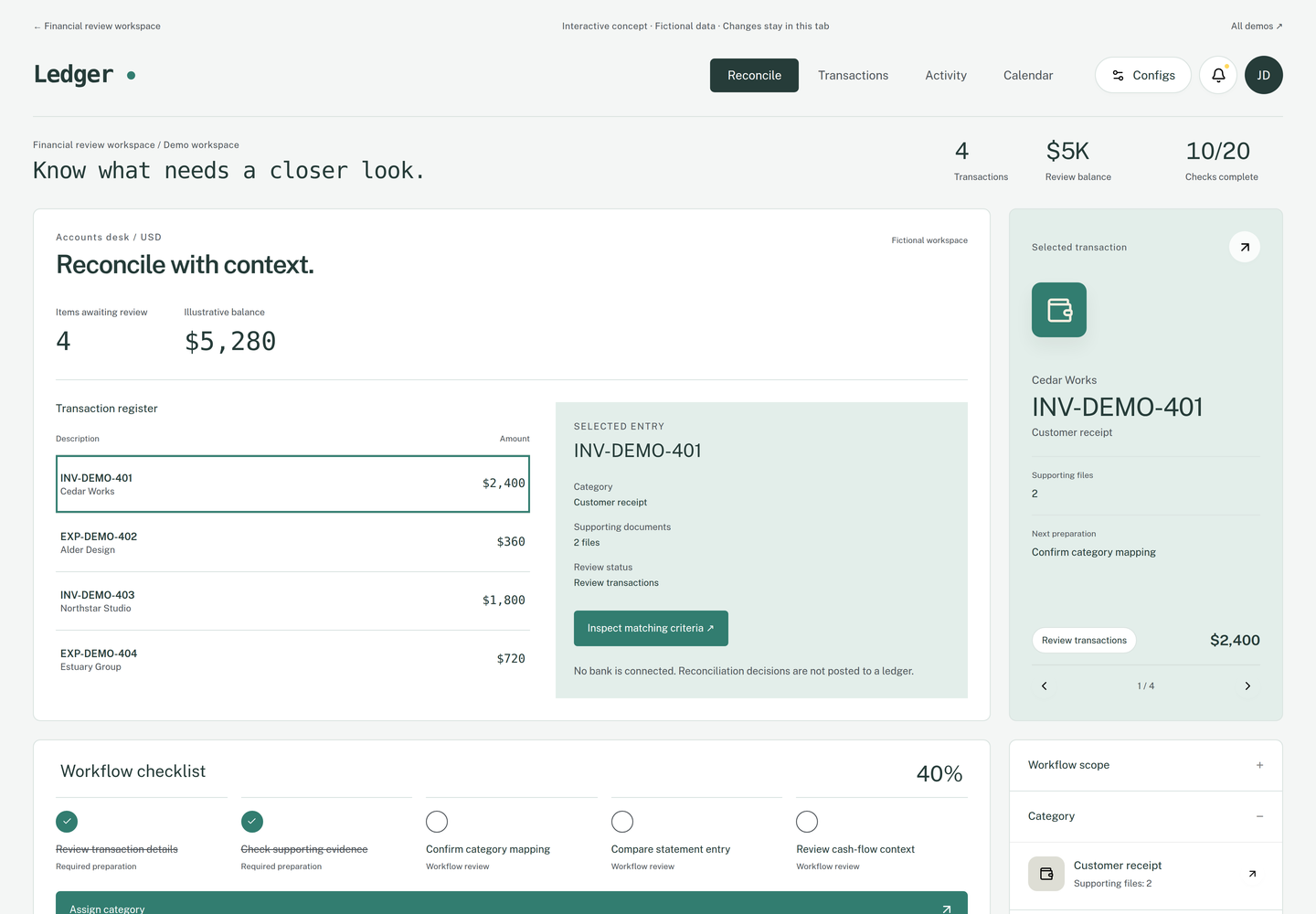 Financial review workspace interactive concept with fictional example data