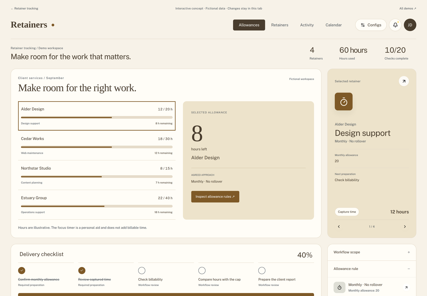 Retainer tracking interactive concept with fictional example data