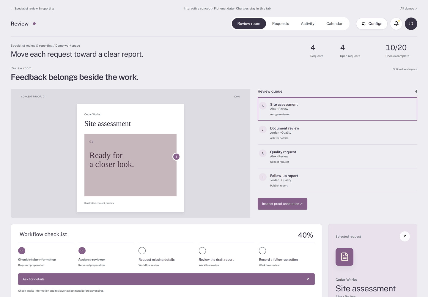 Specialist review & reporting interactive concept with fictional example data