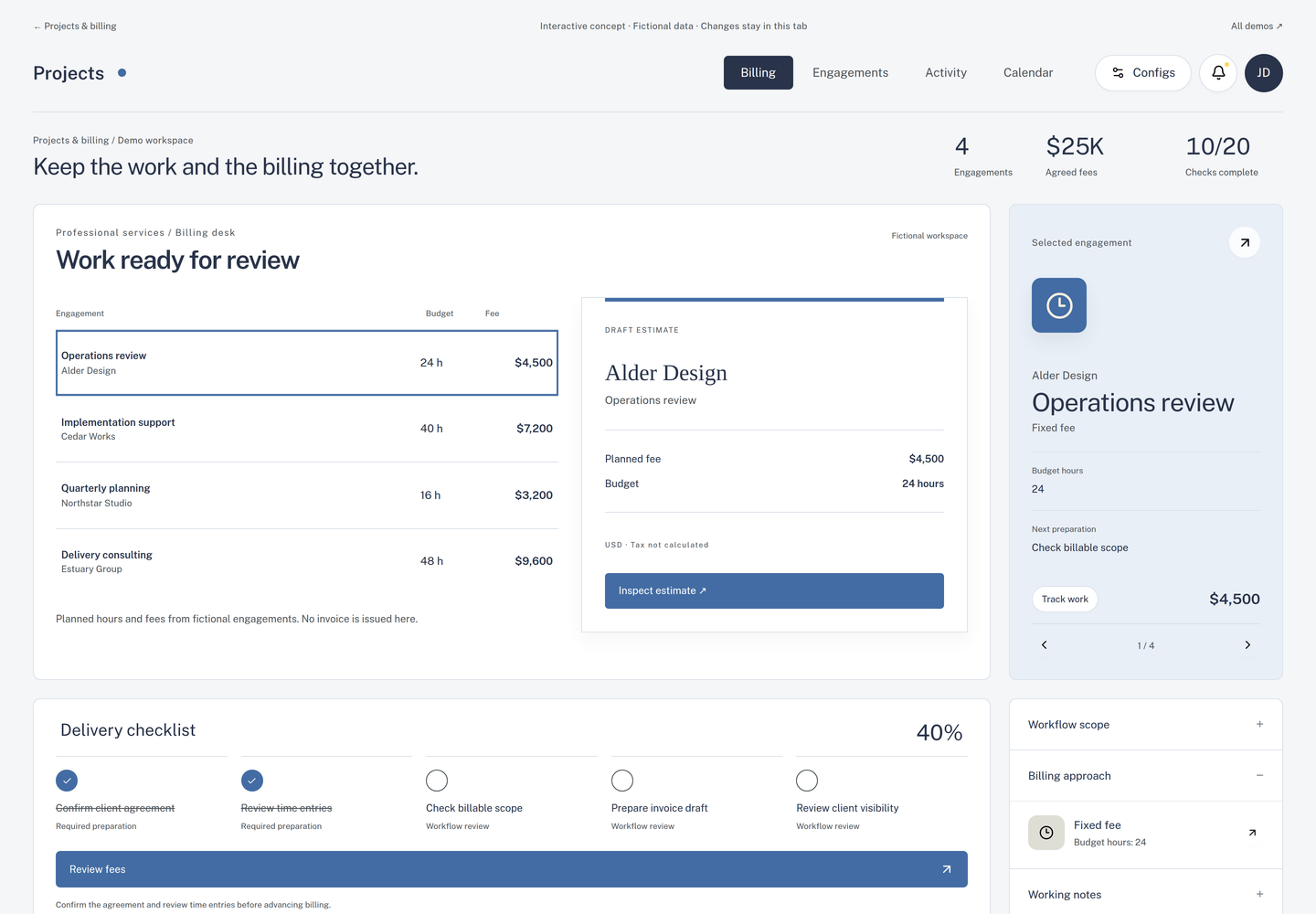 Projects & billing interactive concept with fictional example data
